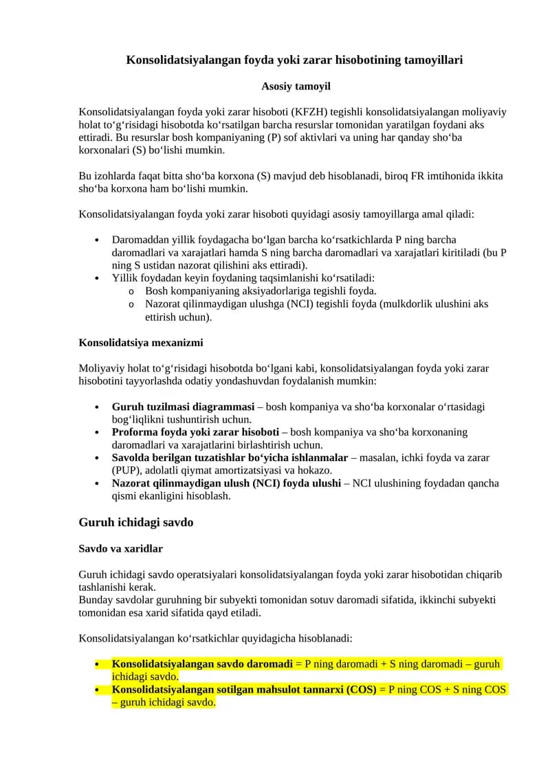 Konsolidatsiyalangan foyda yoki zarar hisobotining tamoyillari