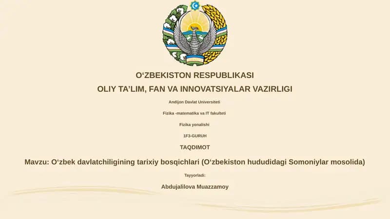 Oʻzbek davlatchiligining tarixiy bosqichlari (Oʻzbekiston hududidagi Somoniylar mosolida)