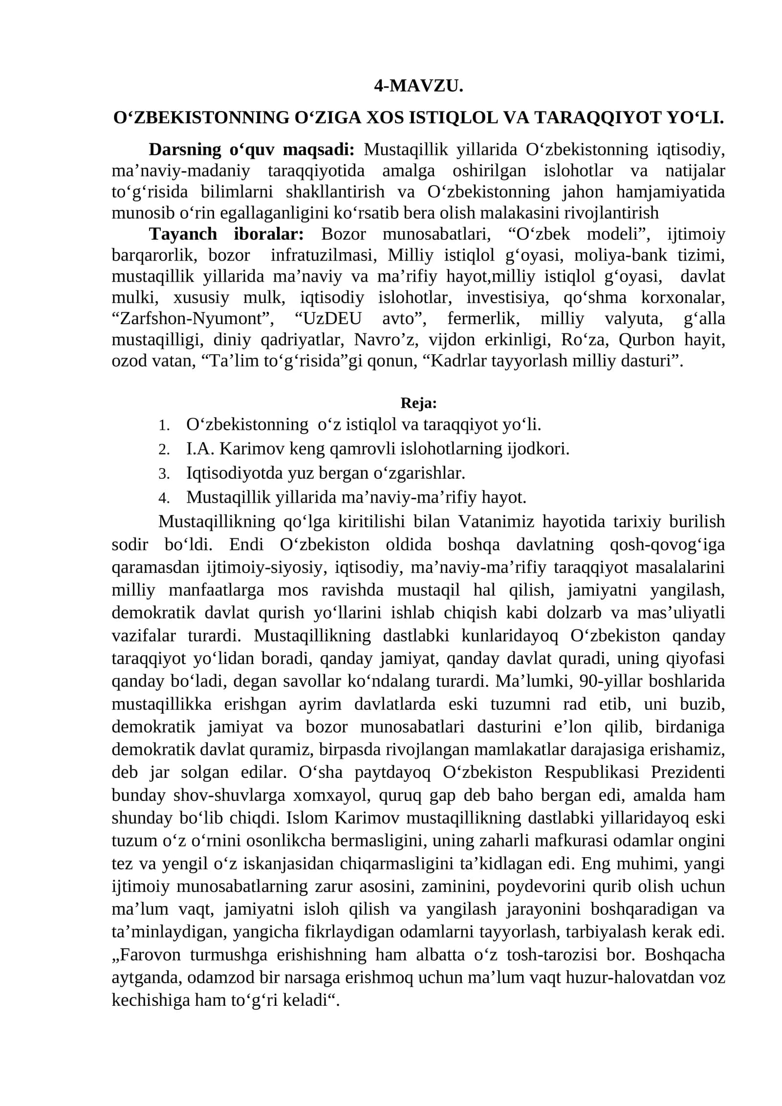 O‘zbekistonning O‘ziga Xos Istiqlol va Taraqqiyot Yoli