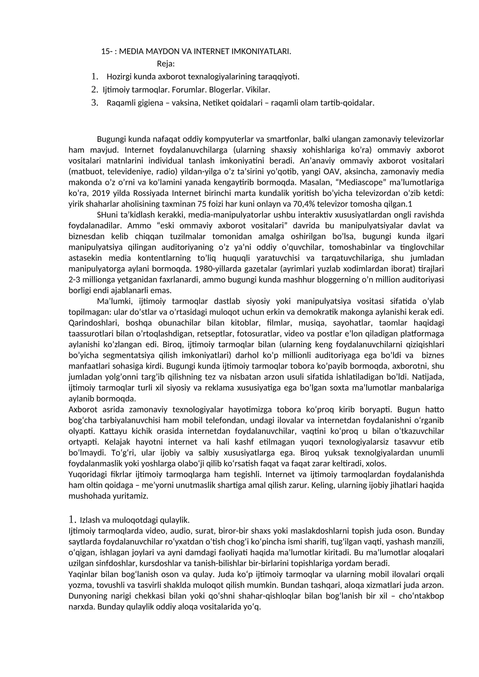 MEDIA MAYDON VA INTERNET IMKONIYATLARI