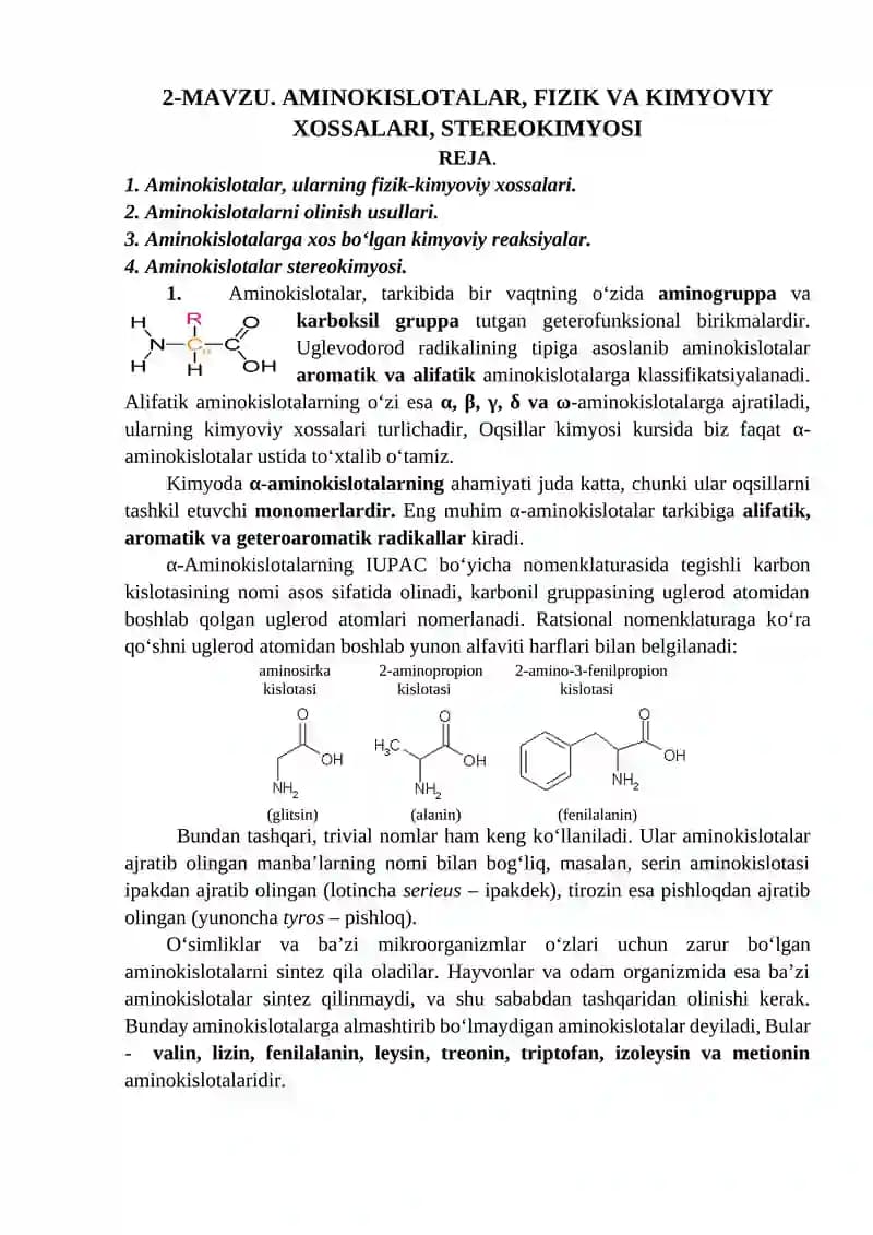 Aminokislotalar, fizik va kimyoviy xossalari, stereokimyosi