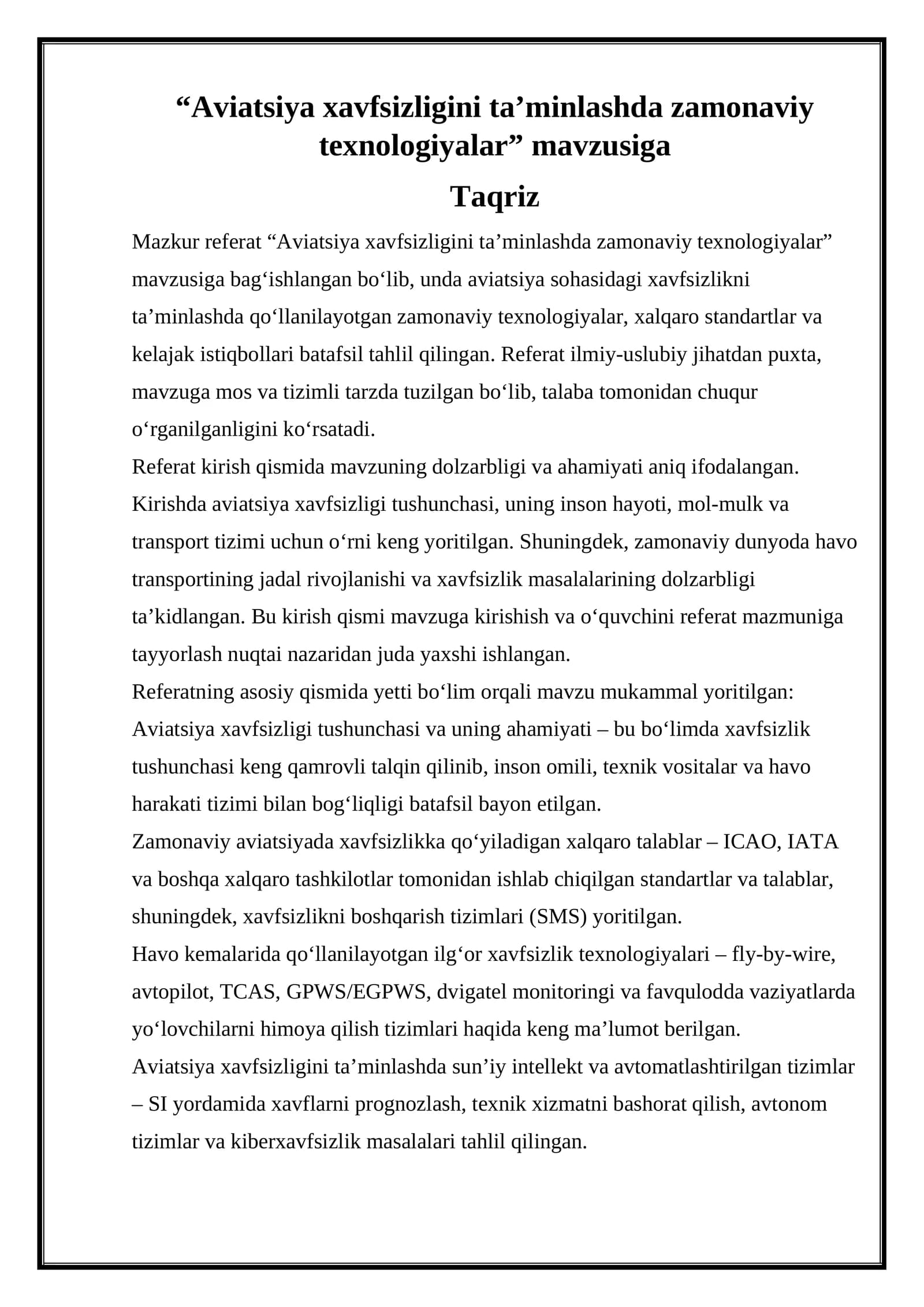 Aviatsiya xavfsizligini ta’minlashda zamonaviy texnologiyalar