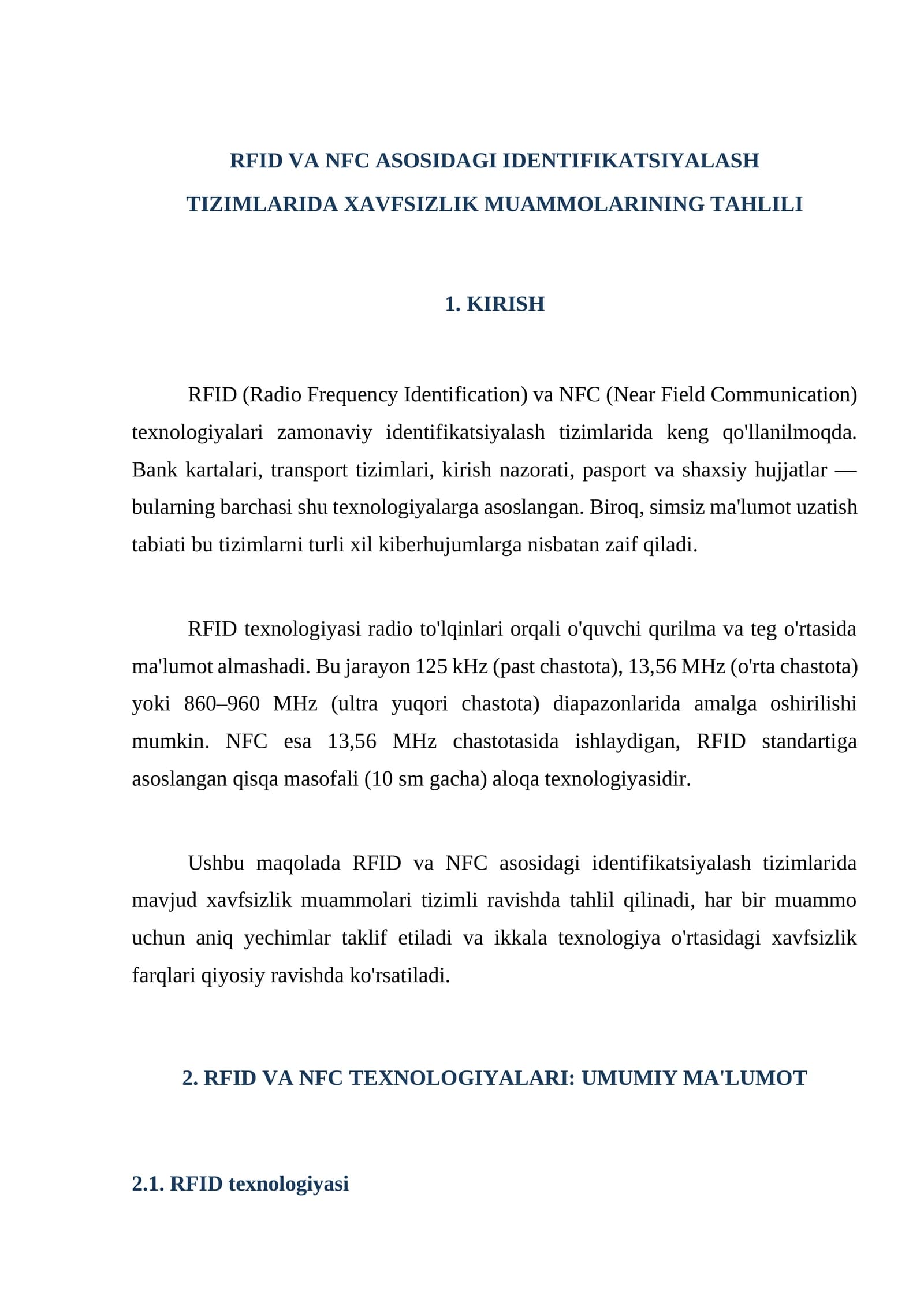 RFID VA NFC ASOSIDAGI IDENTIFIKATSIYALASH TIZIMLARIDA XAVFSIZLIK MUAMMOLARINING TAHLILI