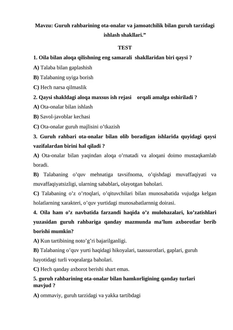Guruh rahbarining ota-onalar va jamoatchilik bilan guruh tarzidagi ishlash shakllari.