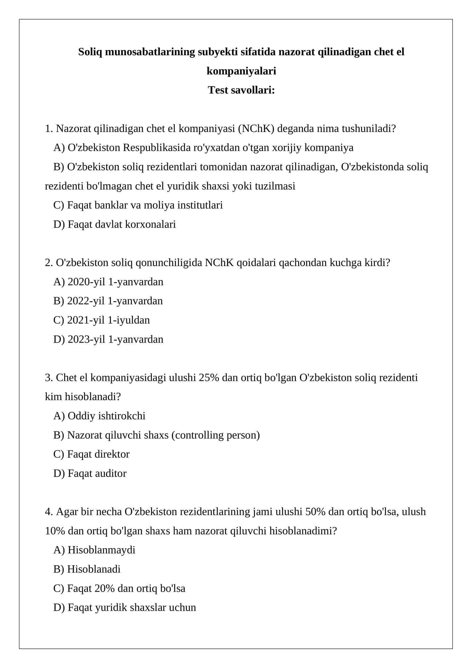 Soliq munosabatlarining subyekti sifatida nazorat qilinadigan chet el kompaniyalari