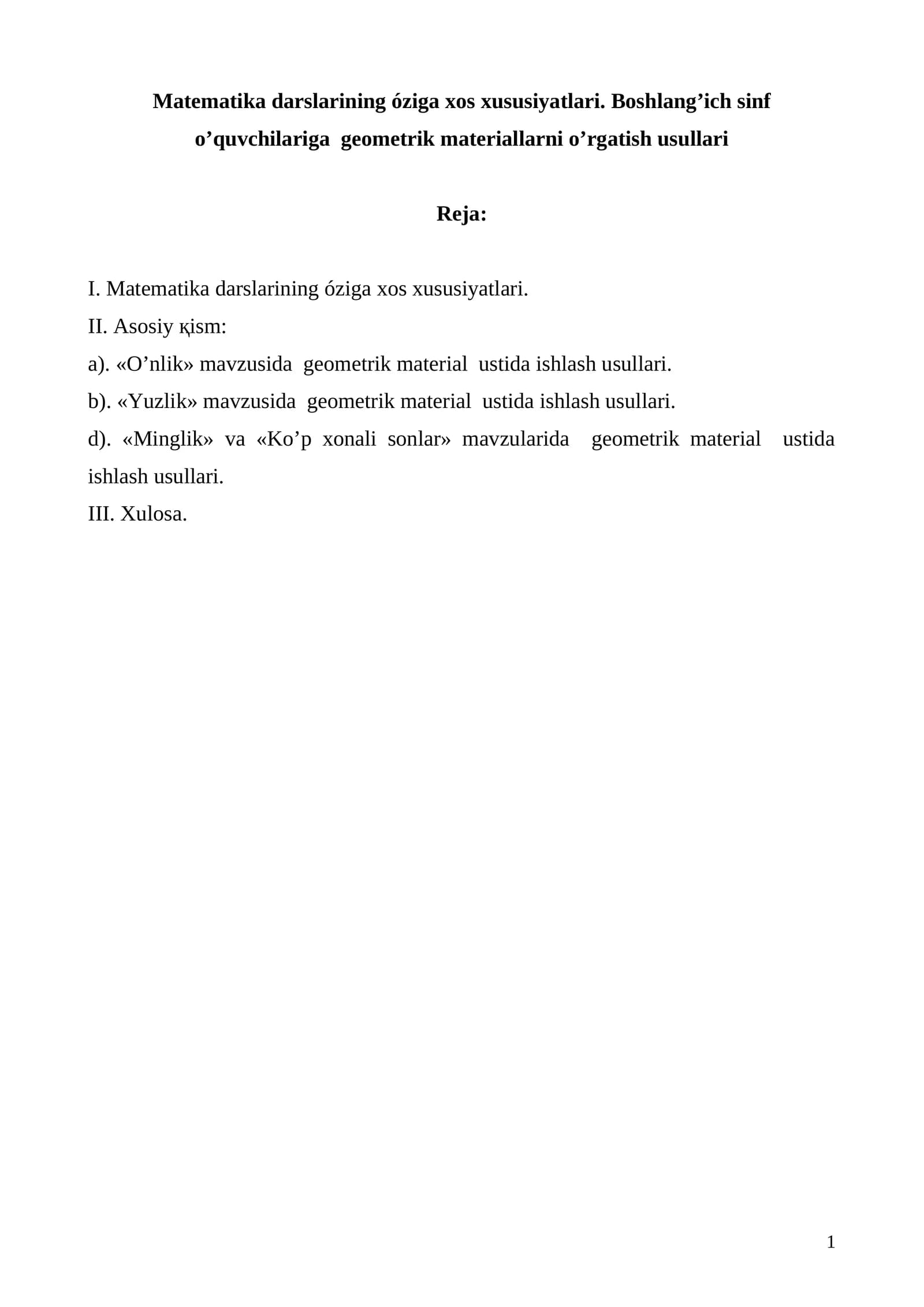 Matematika darslarining óziga xos xususiyatlari