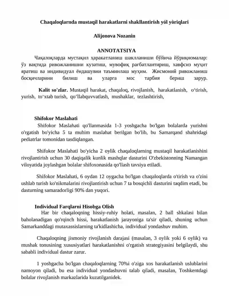 Chaqaloqlarnda mustaqil harakatlarni shakllantirish yól yòriqlari