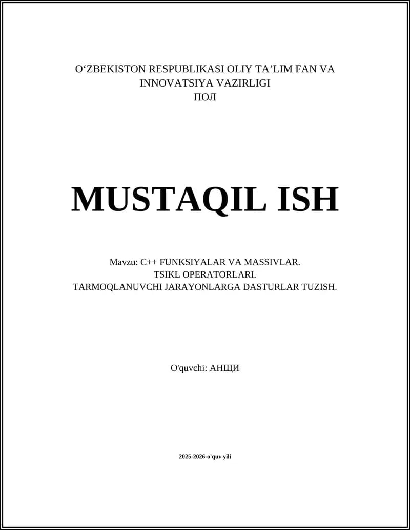 C++ FUNKSIYALAR VA MASSIVLAR