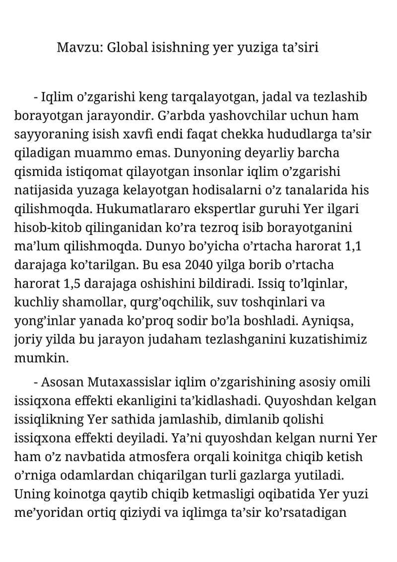 Global isishning yer yuziga ta’siri