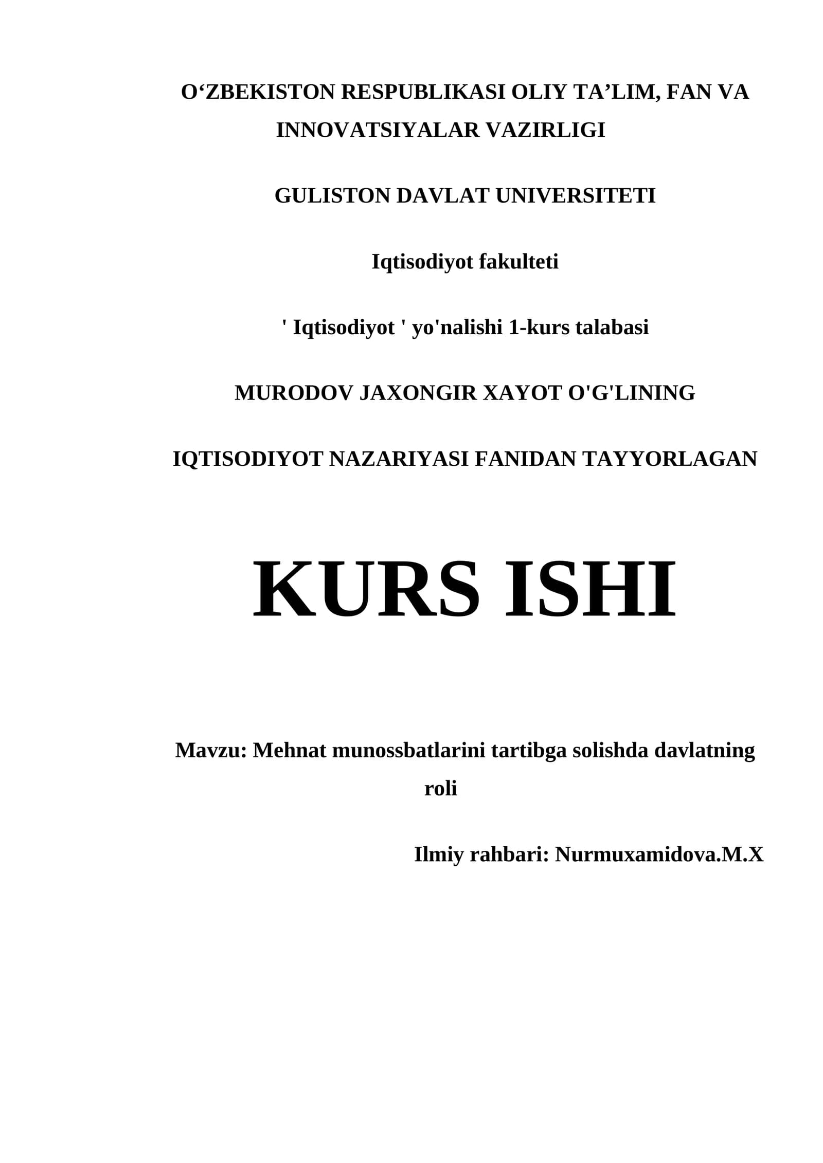 Mehnat munossbatlarini tartibga solishda davlatning roli
