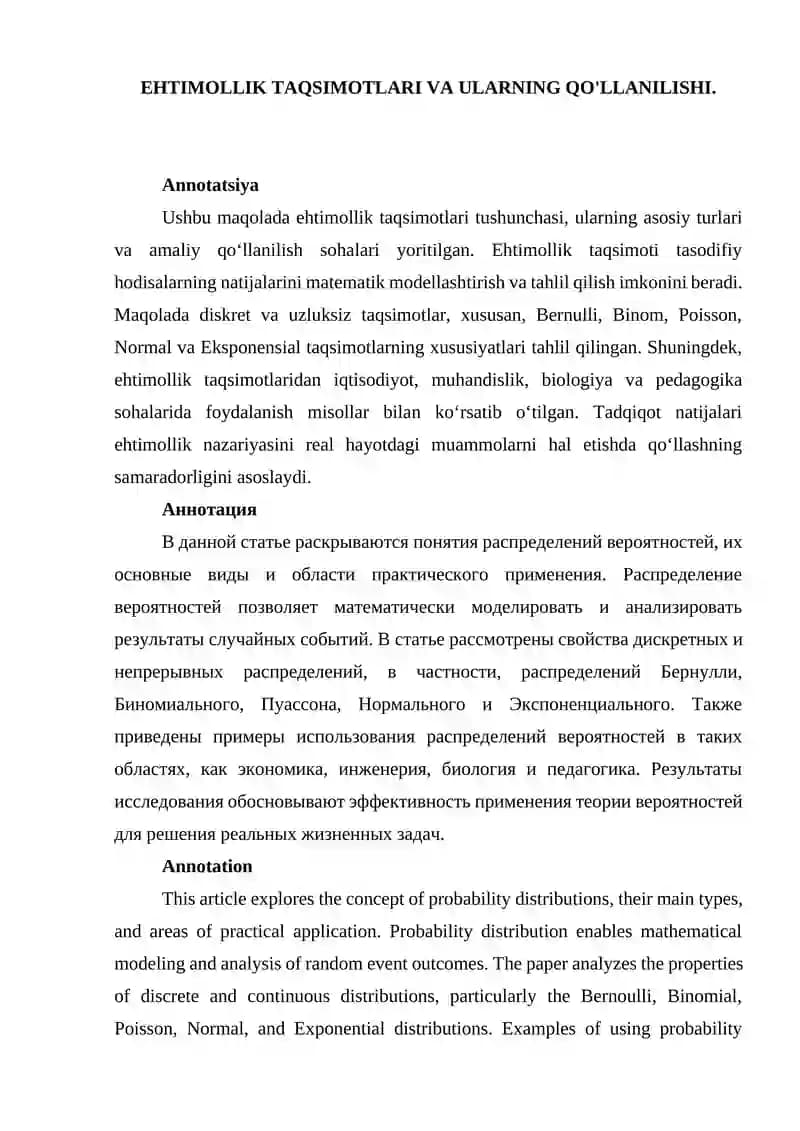 Ehtimollik taqsimotlari va ularning qo'llanilishi