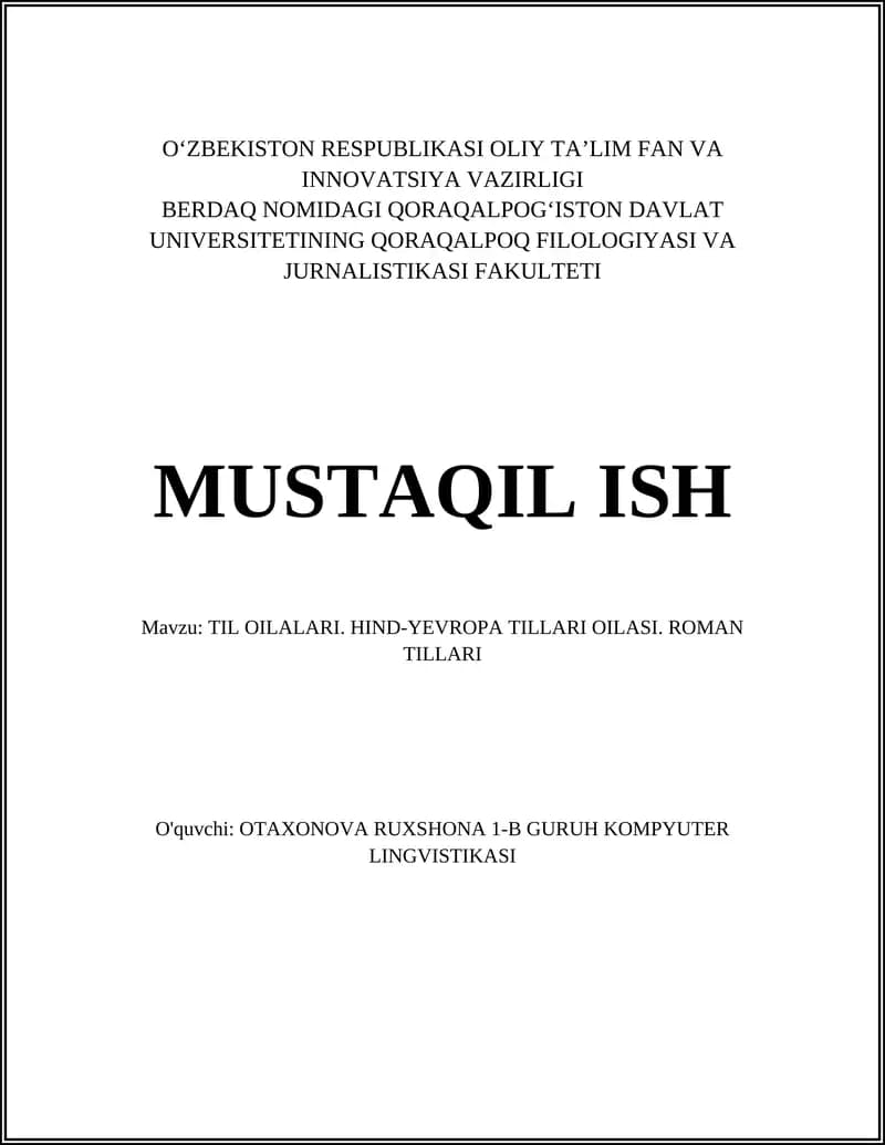 TIL OILALARI. HIND-YEVROPA TILLARI OILASI. ROMAN TILLARI