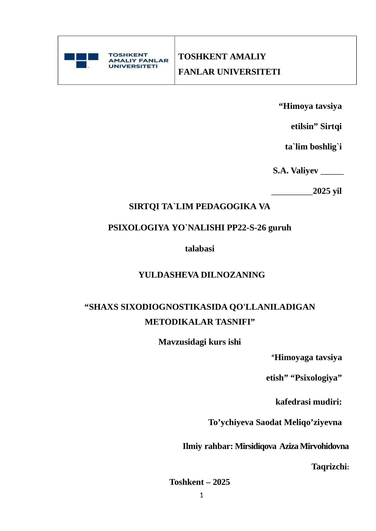 SHAXS SIXODIOGNOSTIKASIDA QO'LLANILADIGAN METODIKALAR TASNIFI