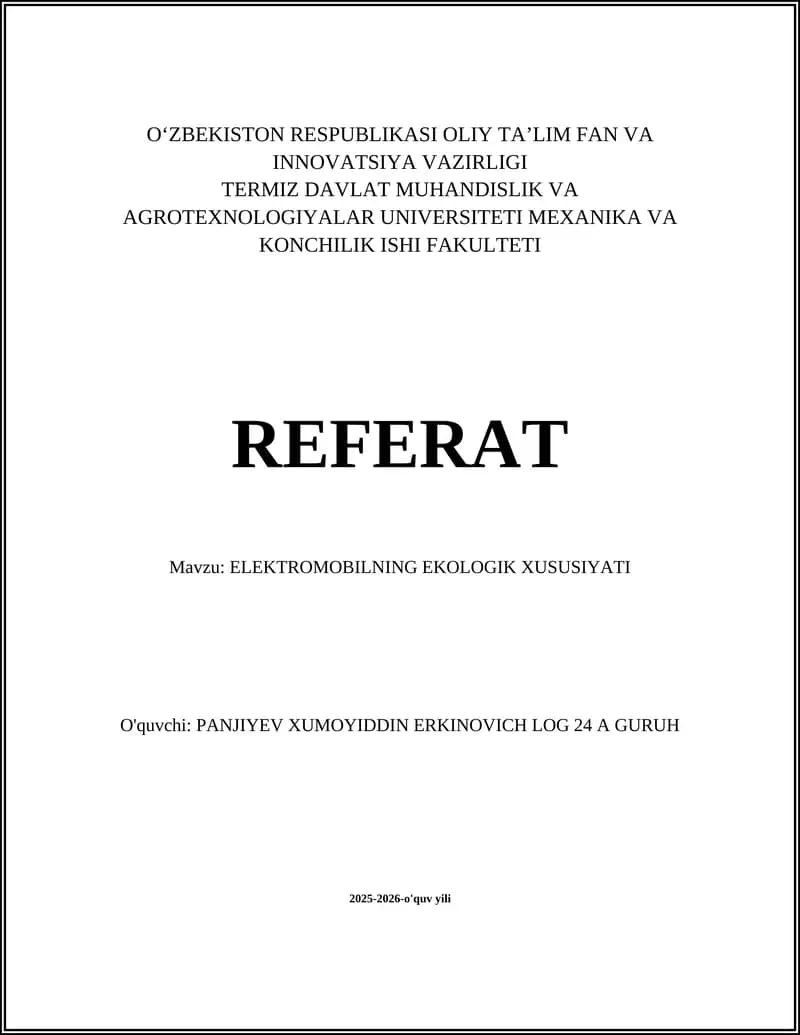 ELEKTROMOBILNING EKOLOGIK XUSUSIYATI