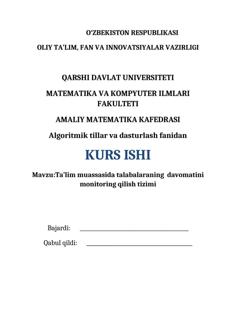 Ta’lim muassasida talabalaraning davomatini monitoring qilish tizimi