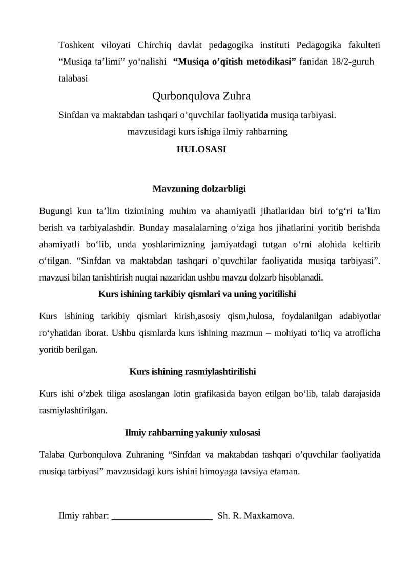 “Musiqa o’qitish metodikasi” fanidan 18/2-guruh talabasi