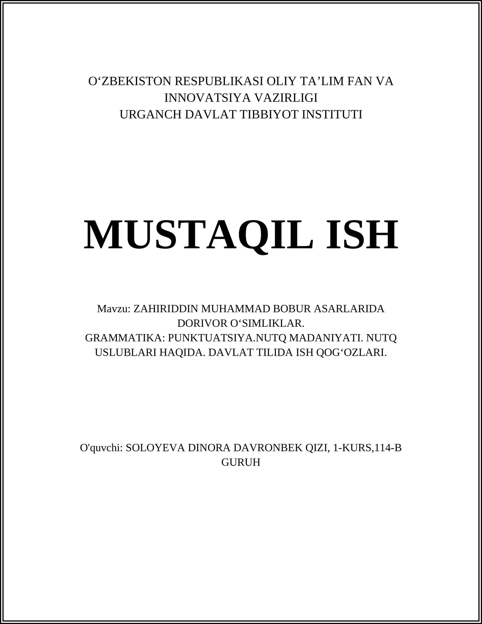 ZAHIRIDDIN MUHAMMAD BOBUR ASARLARIDA DORIVOR OʻSIMLIKLAR