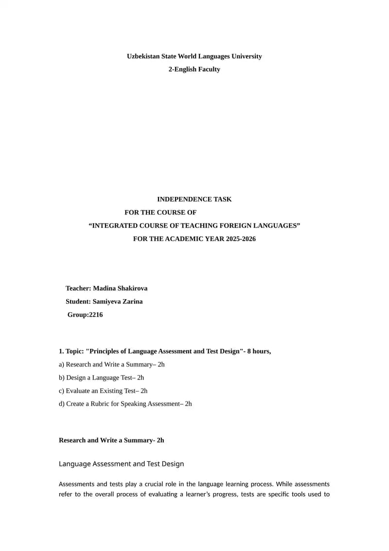 Principles of Language Assessment and Test Design