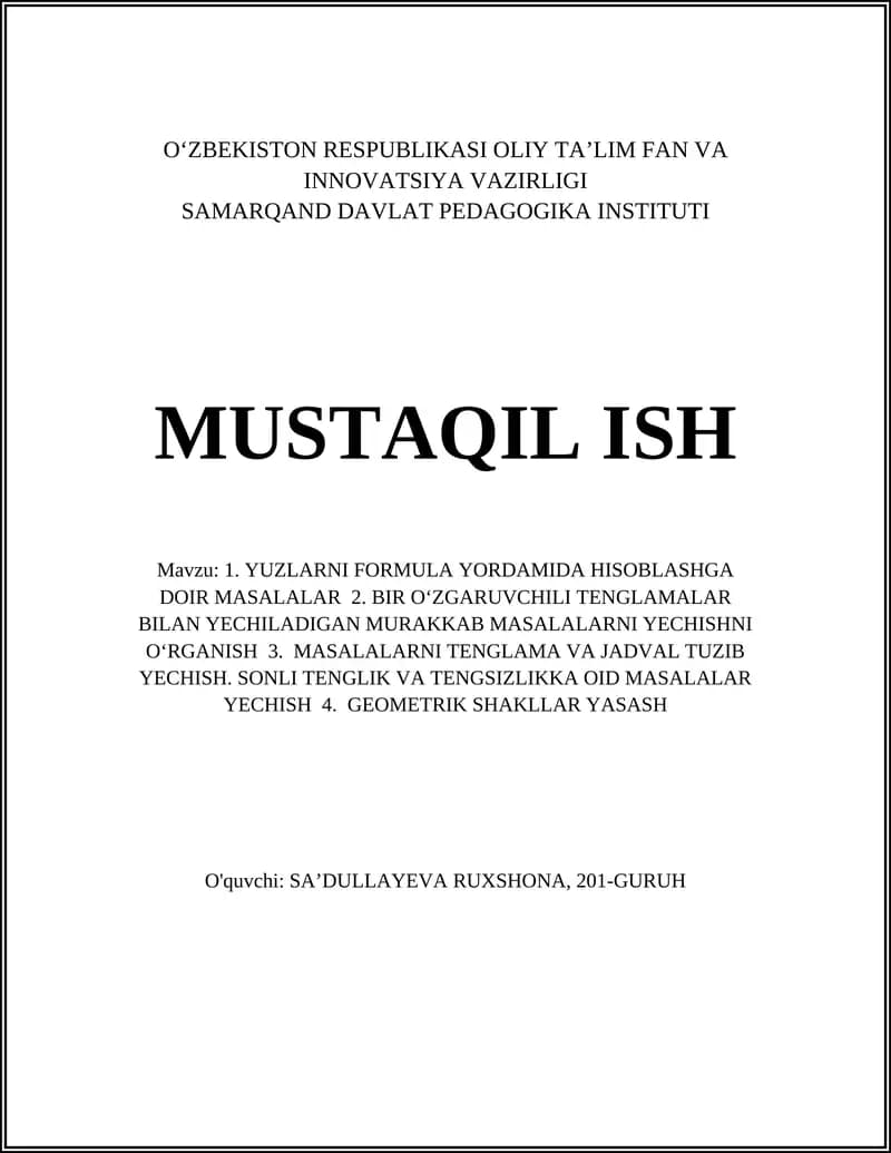Toʻrtburchak va kvadrat yuzlarini formula orqali hisoblash masallari