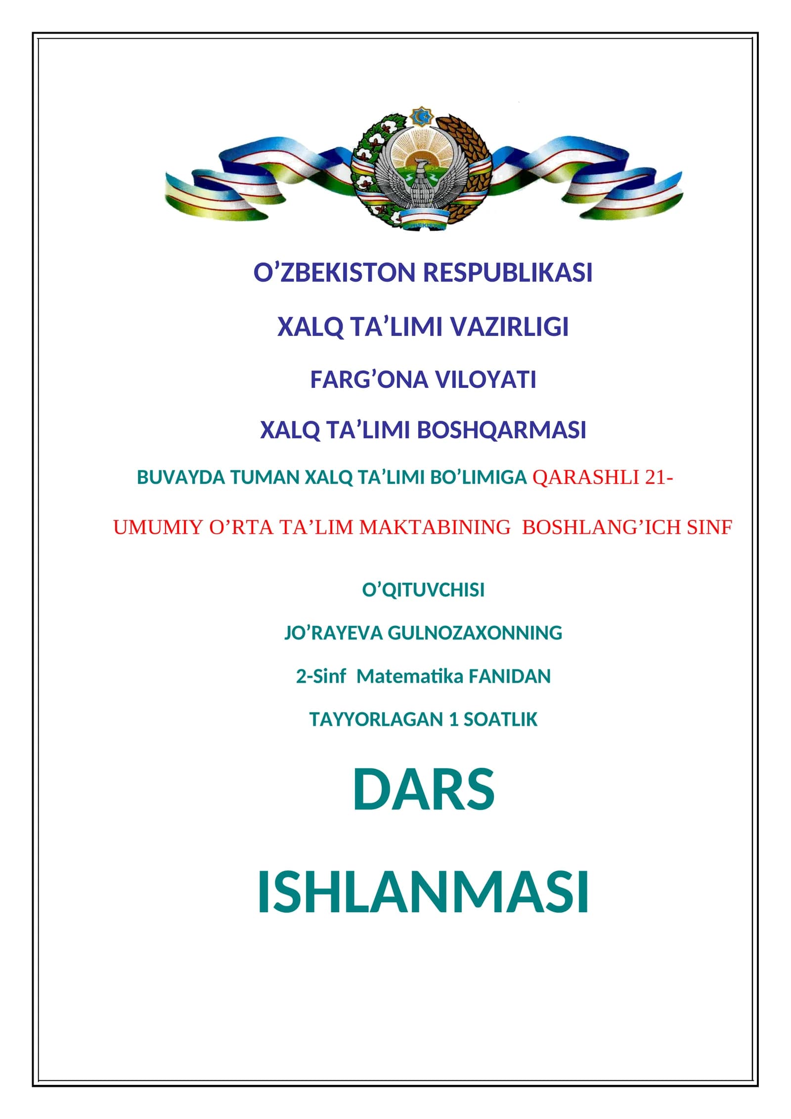 2-Sinf Matematika FANIDAN TAYYORLAGAN 1 SOATLIK DARS ISHLANMASI