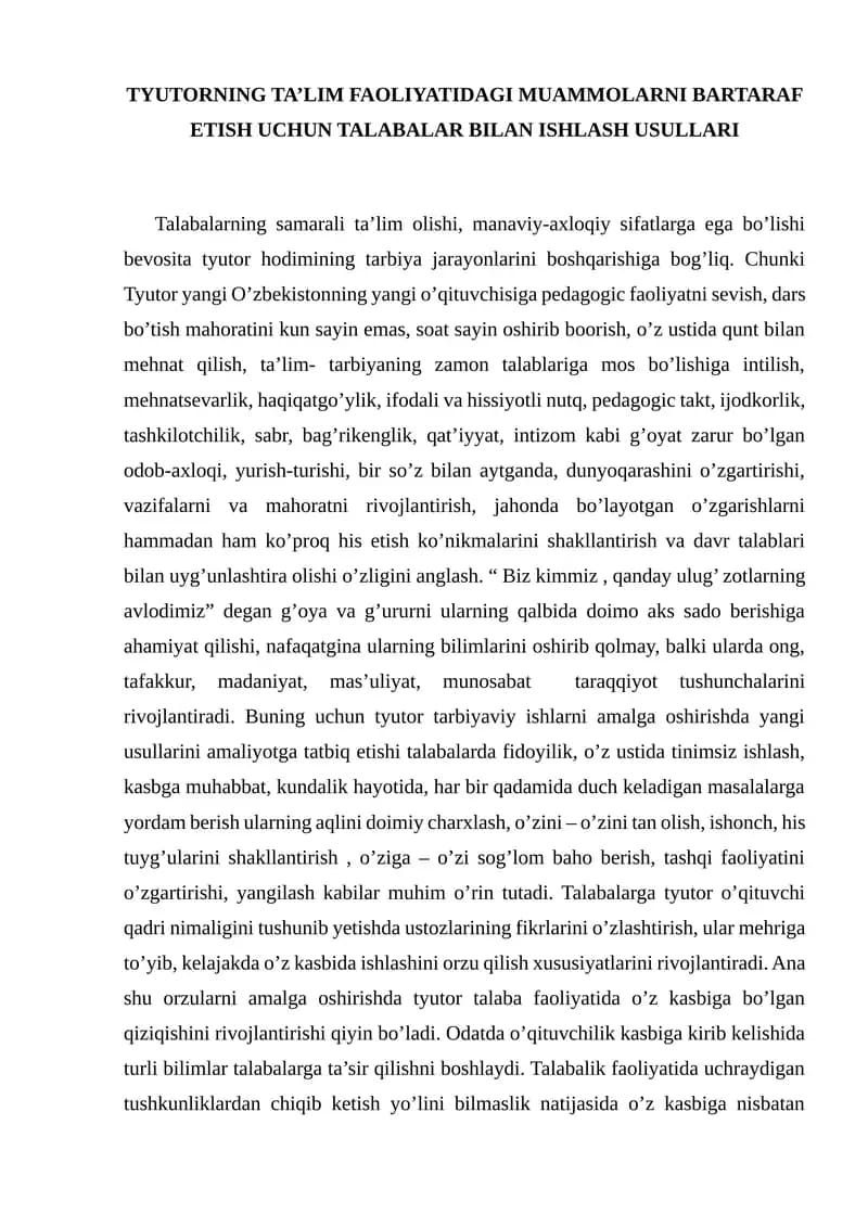 Tyutorni Talim Faoliyatidagi Muammolarni Bartaraf Etish Uchun Talabalar Bilan Ishlash Usullari