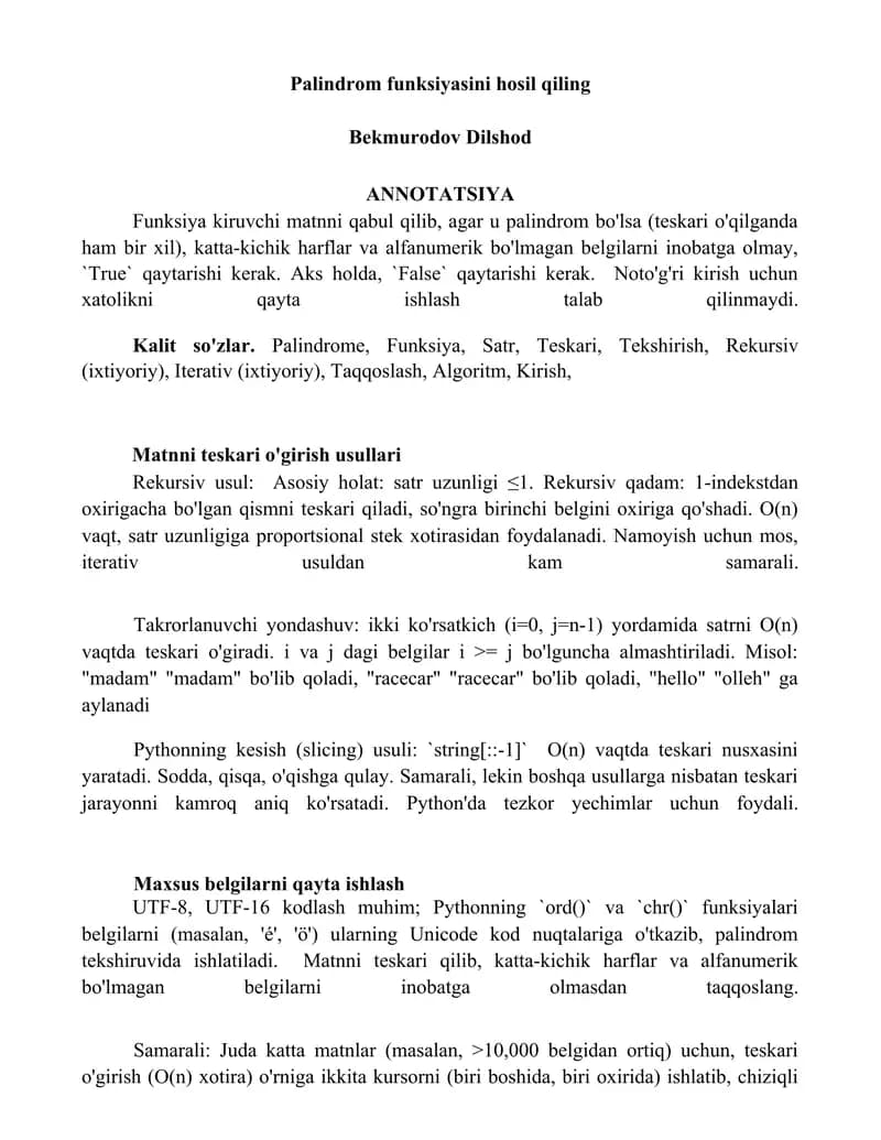 Palindrom funksiyasini hosil qiling