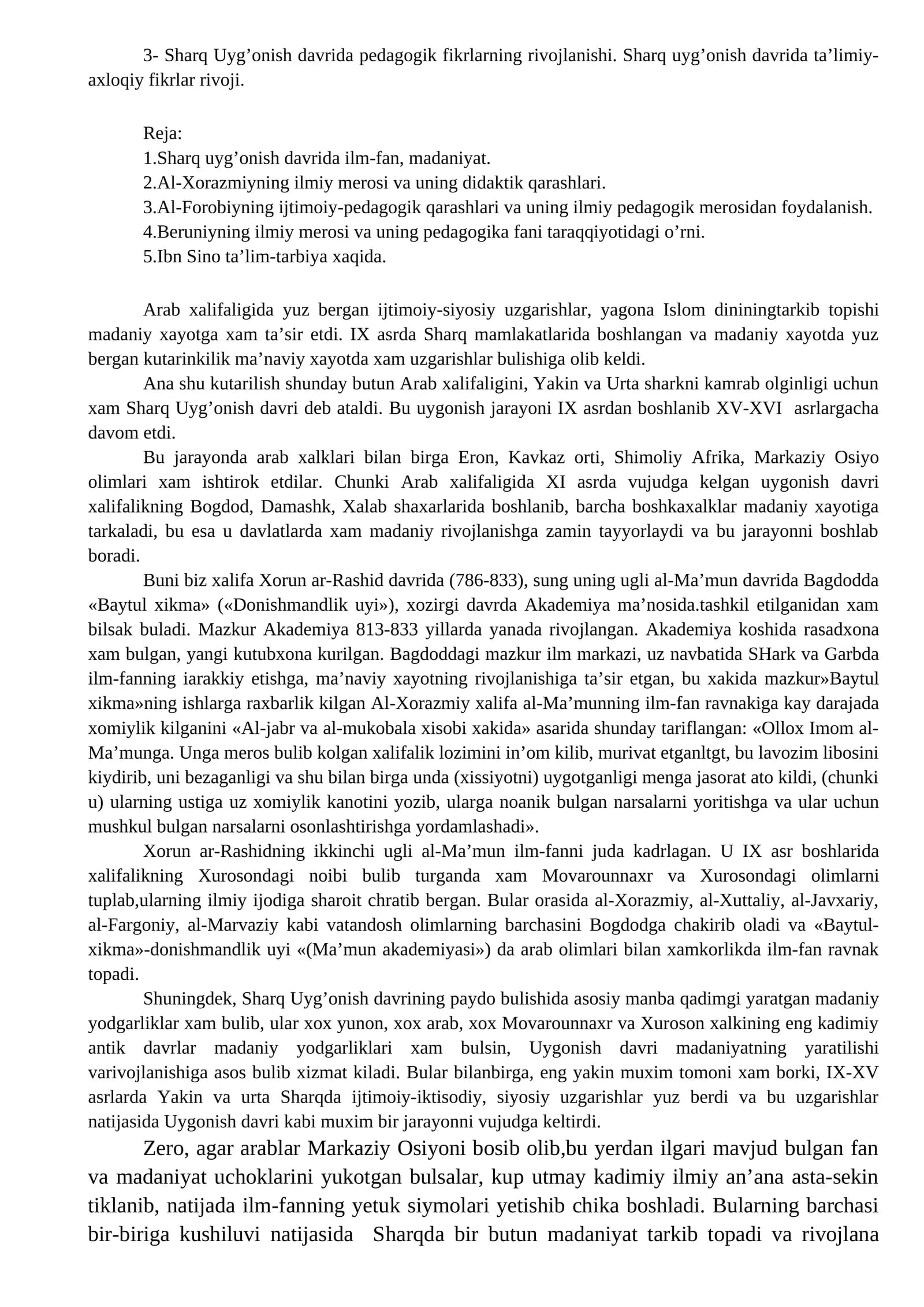 Sharq Uyg’onish davrida pedagogik fikrlarning rivojlanishi
