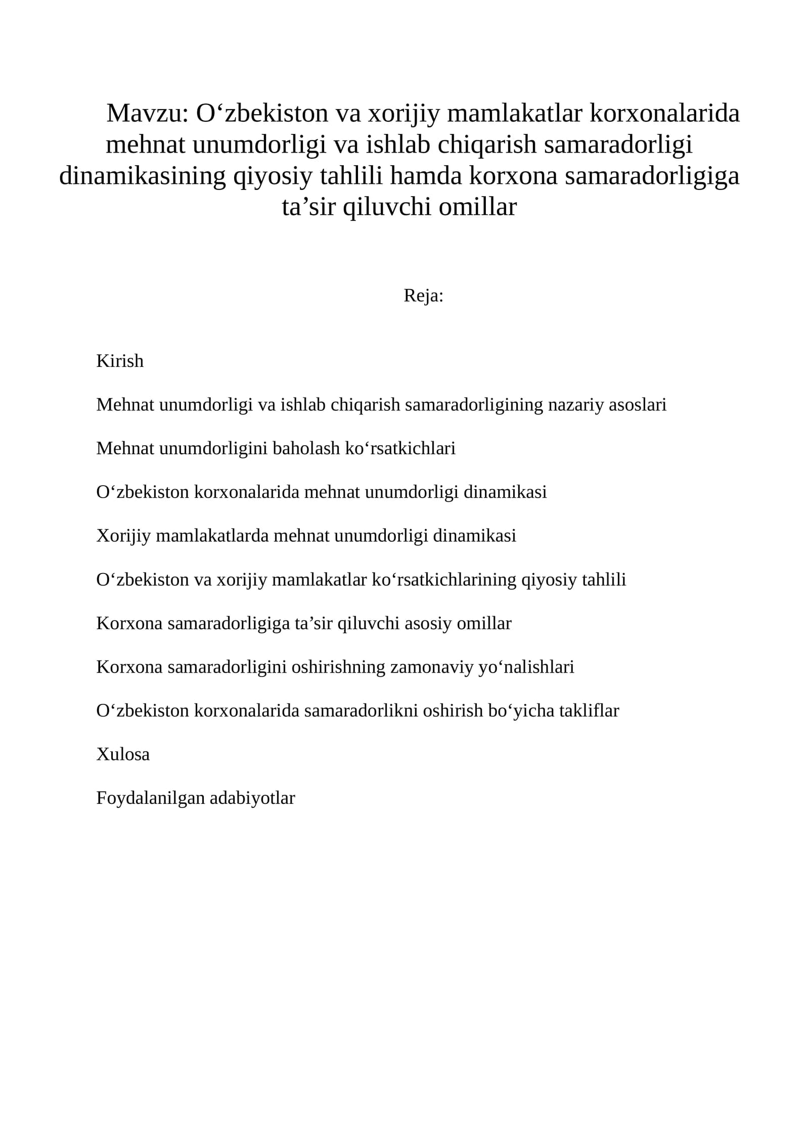 O‘zbekiston va xorijiy mamlakatlar korxonalarida mehnat unumdorligi va ishlab chiqarish samaradorligi dinamikasining qiyosiy tahlili