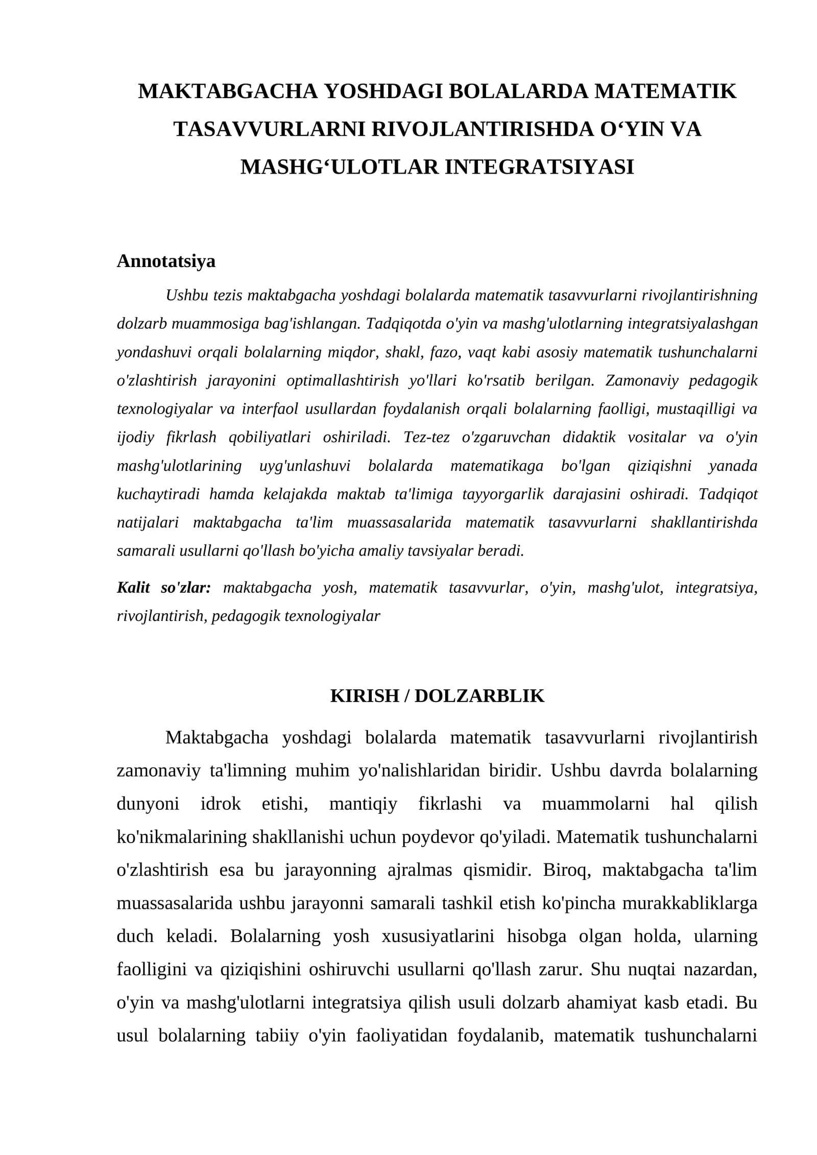 MAKTABGACHA YOSHDAGI BOLALARDA MATEMATIK TASAVVURLARNI RIVOJLANTIRISHDA O‘YIN VA MASHG‘ULOTLAR INTEGRATSIYASI