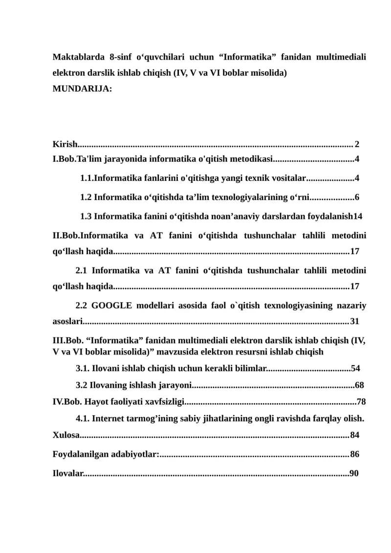 "Informatika" fanidan multimediali elektron darslik ishlab chiqish (IV, V va VI boblar misolida)