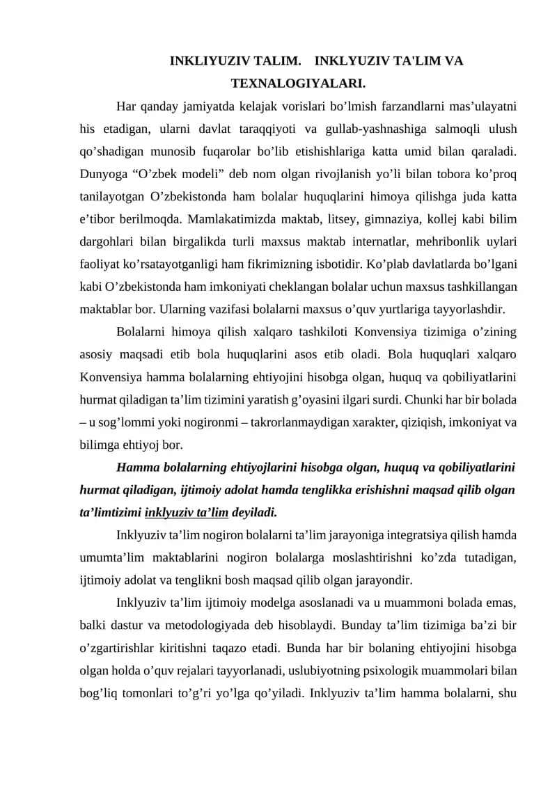 INKLIYUZIV TALIM. INKLYUZIV TA'LIM VA TEXNALOGIYALARI