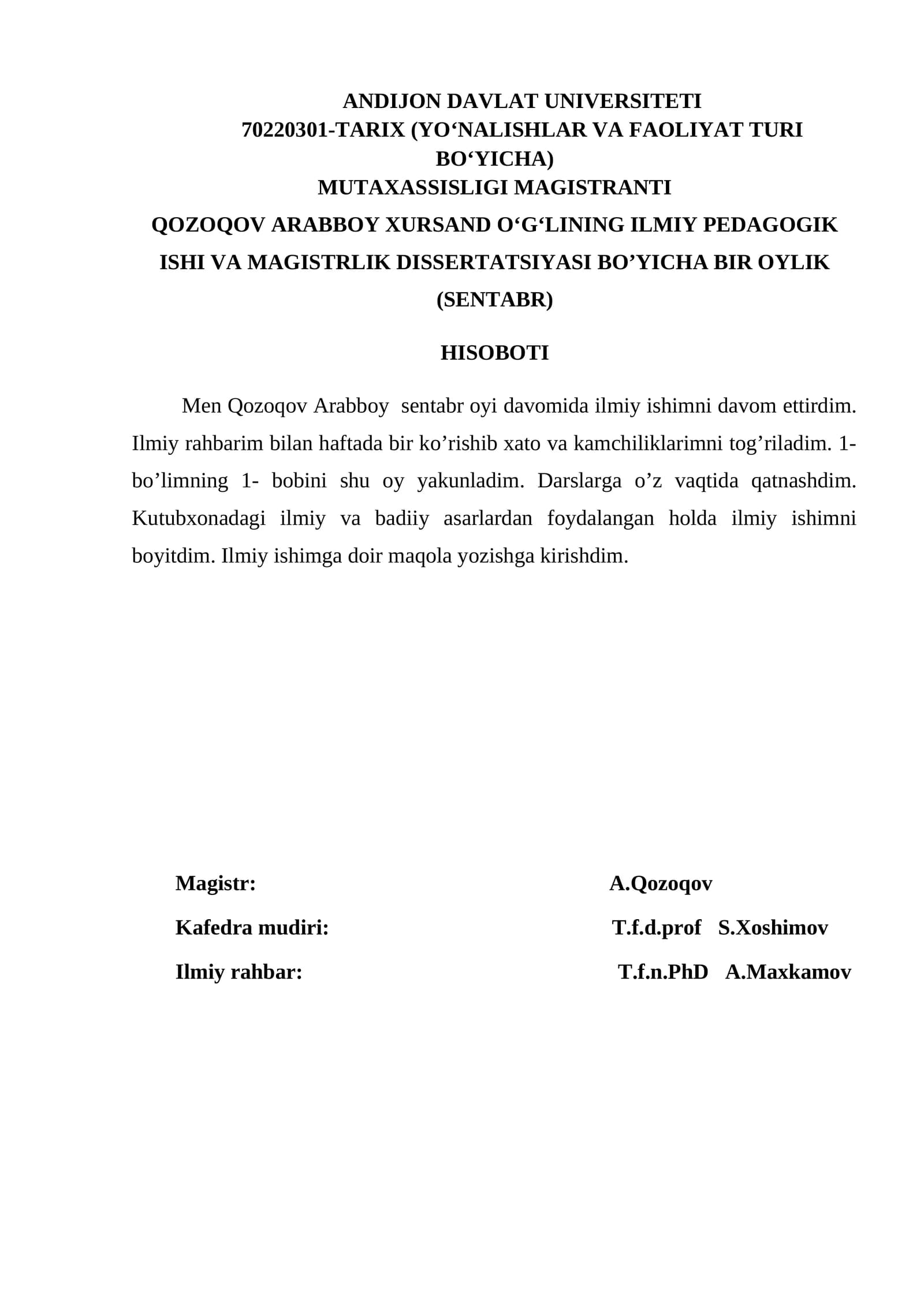ILMIY PEDAGOGIK ISHI VA MAGISTRLIK DISSERTATSIYASI BO’YICHA BIR OYLIK (SENTABR) HISOBOTI