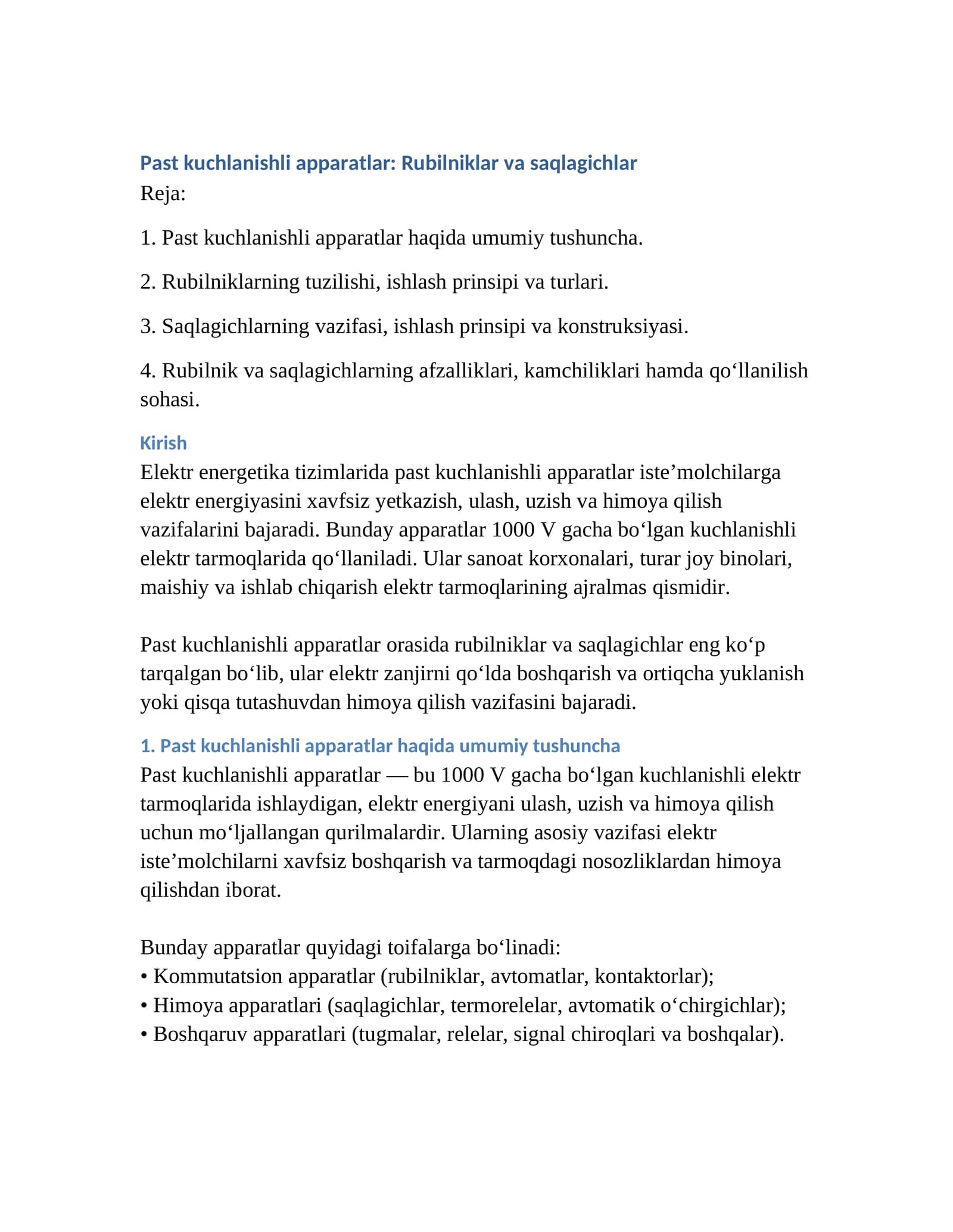 Past kuchlanishli apparatlar: Rubilniklar va saqlagichlar