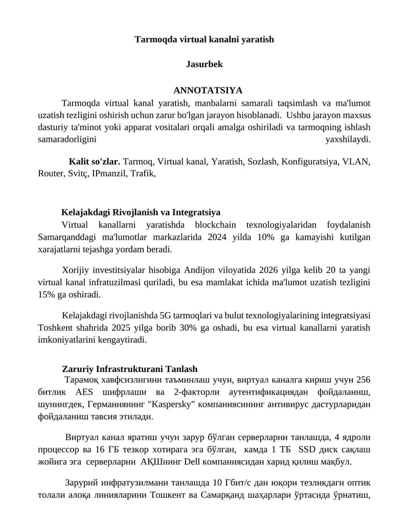 Tarmoqda virtual kanalni yaratish