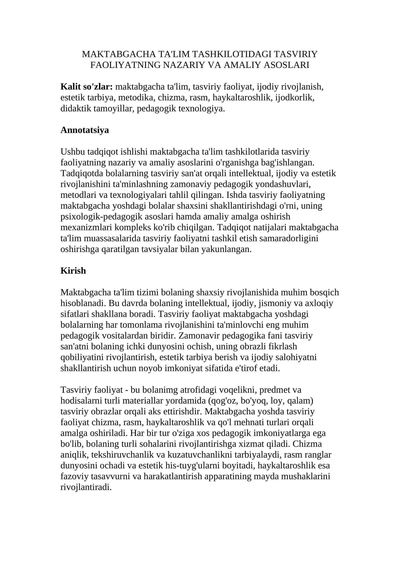 MAKTABGACHA TA'LIM TASHKILOTIDAGI TASVIRIY FAOLIYATNING NAZARIY VA AMALIY ASOSLARI