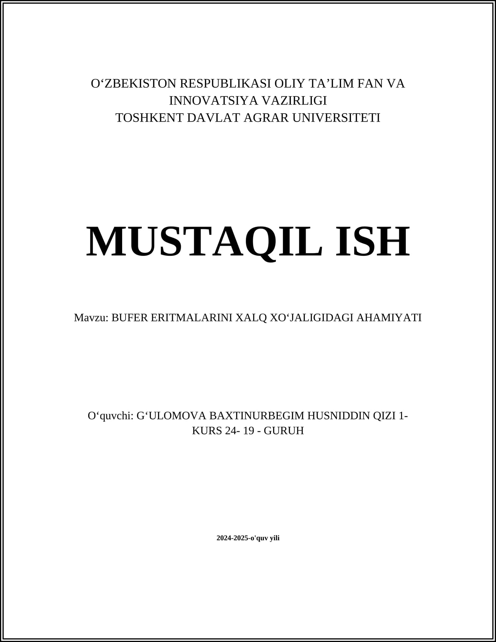 BUFER ERITMALARINI XALQ XOʻJALIGIDAGI AHAMIYATI