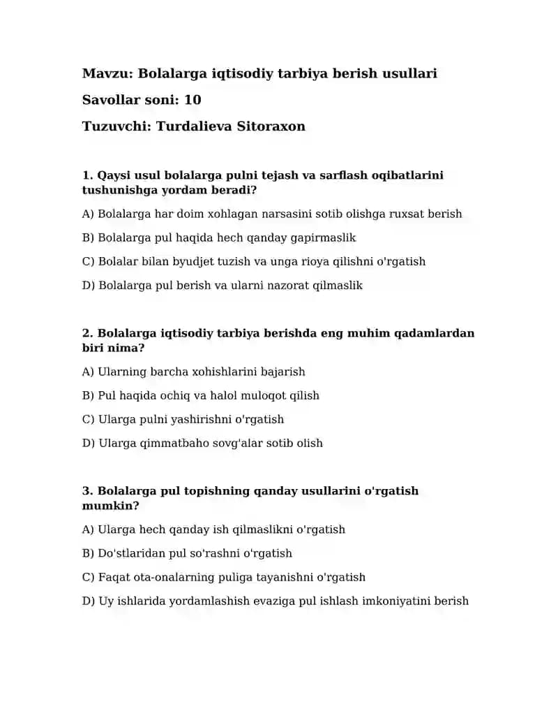 Bolalarga iqtisodiy tarbiya berish usullari