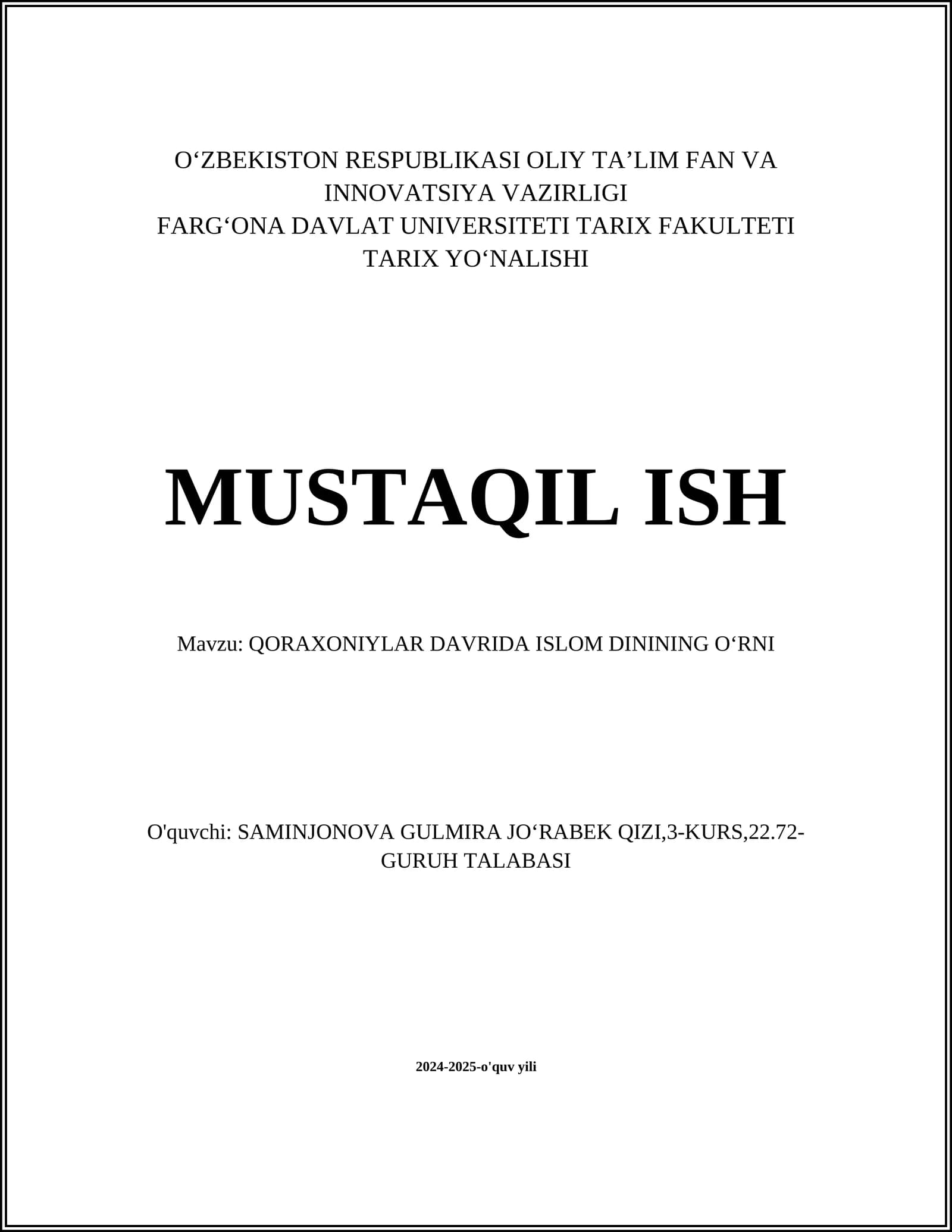 QORAXONIYLAR DAVRIDA ISLOM DININING OʻRNI