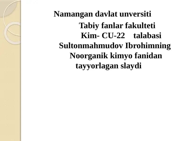 Noorganik kimyo fanidan tayyorlagan slayd