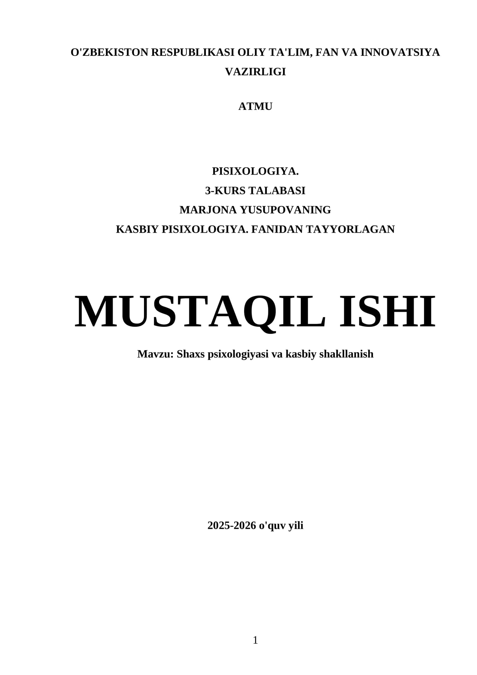 Shaxs psixologiyasi va kasbiy shakllanish