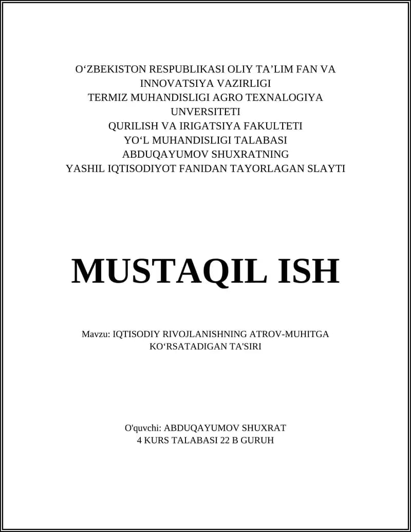 YASHIL IQTISODIYOT FANIDAN TAYORLAGAN SLAYT