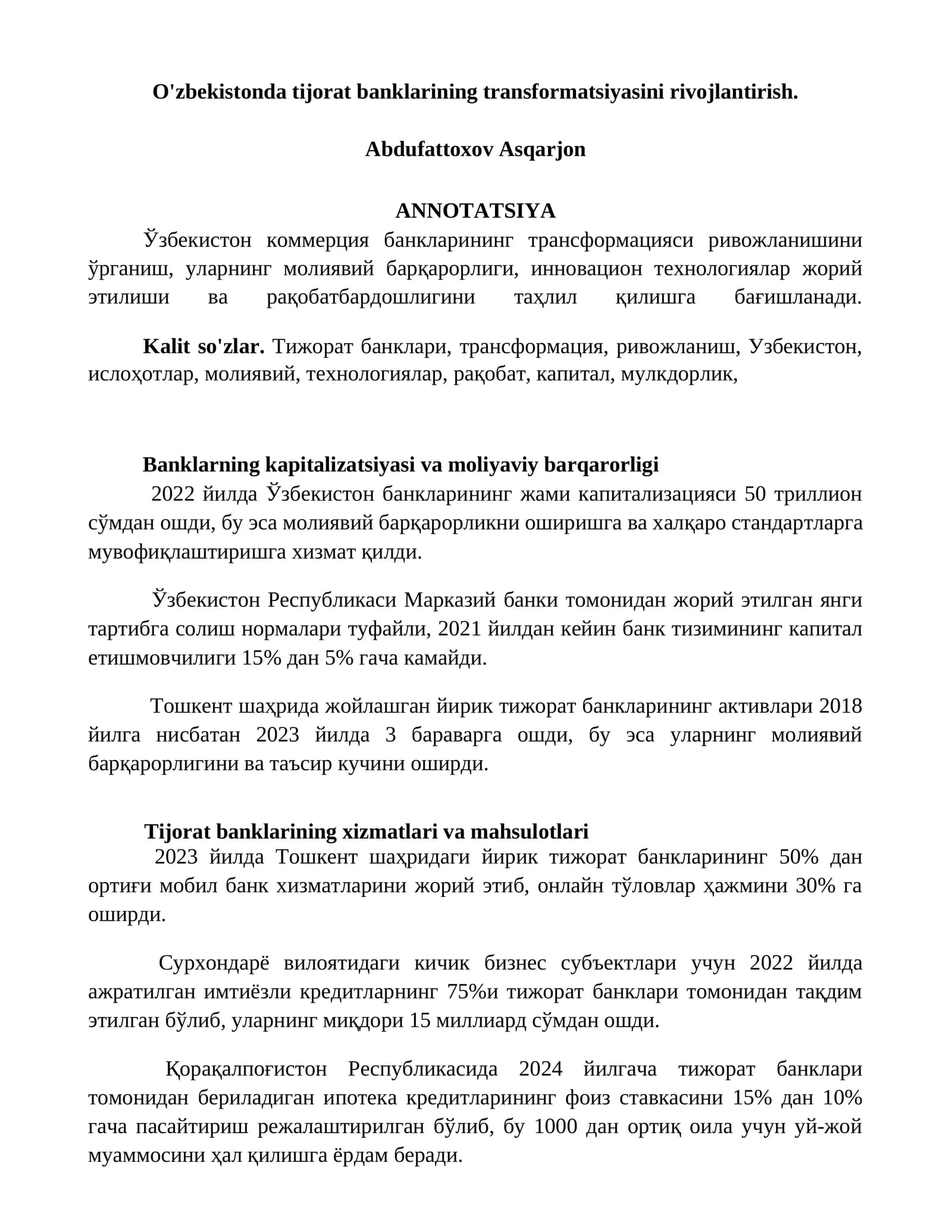 O'zbekistonda tijorat banklarining transformatsiyasini rivojlantirish