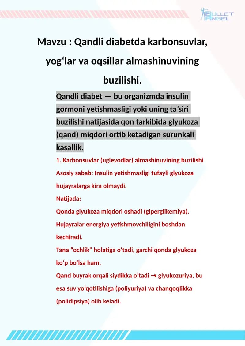 Qandli diabetda karbonsuvlar, yogʻlar va oqsillar almashinuvining buzilishi