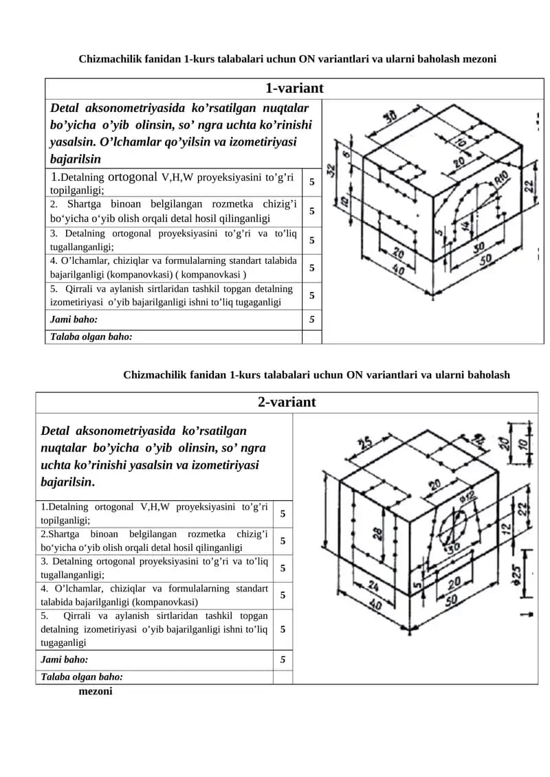 Detal aksonometriyasida o'yib oluvchi variantlar
