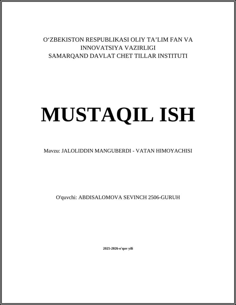 JALOLIDDIN MANGUBERDI - VATAN HIMOYACHISI