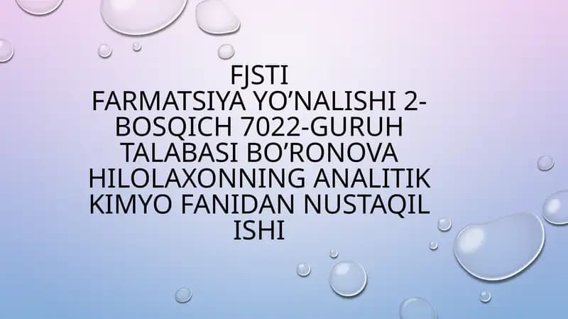 XLORIODIMETRIYA TITRLASH USULIDA QAYTARUVCHILAR VA FARMASEVTIK PREPARATLARNI MIQDORLARINI ANIQLASH USULLARI