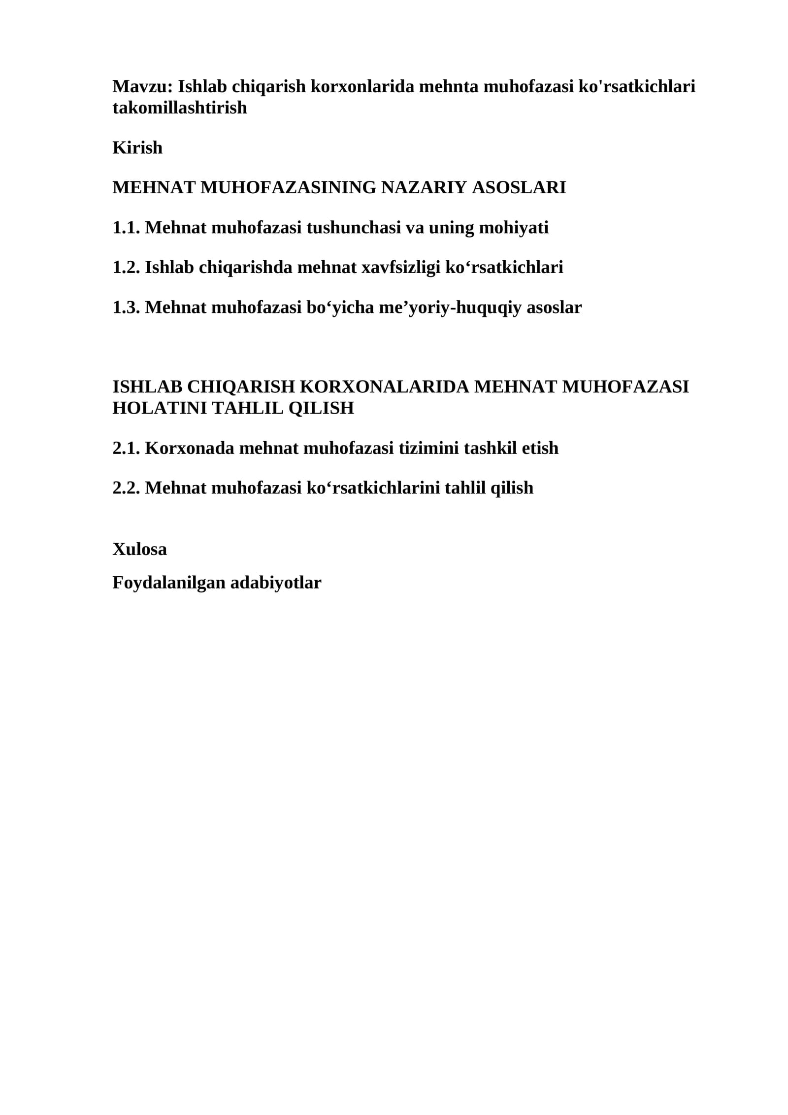 Ishlab chiqarish korxonlarida mehnta muhofazasi ko'rsatkichlari takomillashtirish