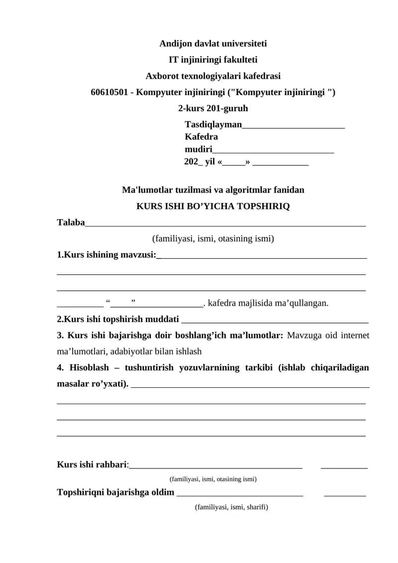 Ma'lumotlar tuzilmasi va algoritmlar fanidan KURS ISHI BO’YICHA TOPSHIRIQ
