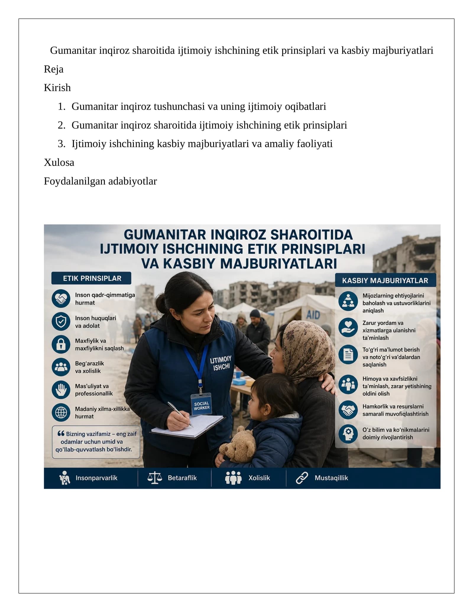 Gumanitar inqiroz sharoitida ijtimoiy ishchining etik prinsiplari va kasbiy majburiyatlari