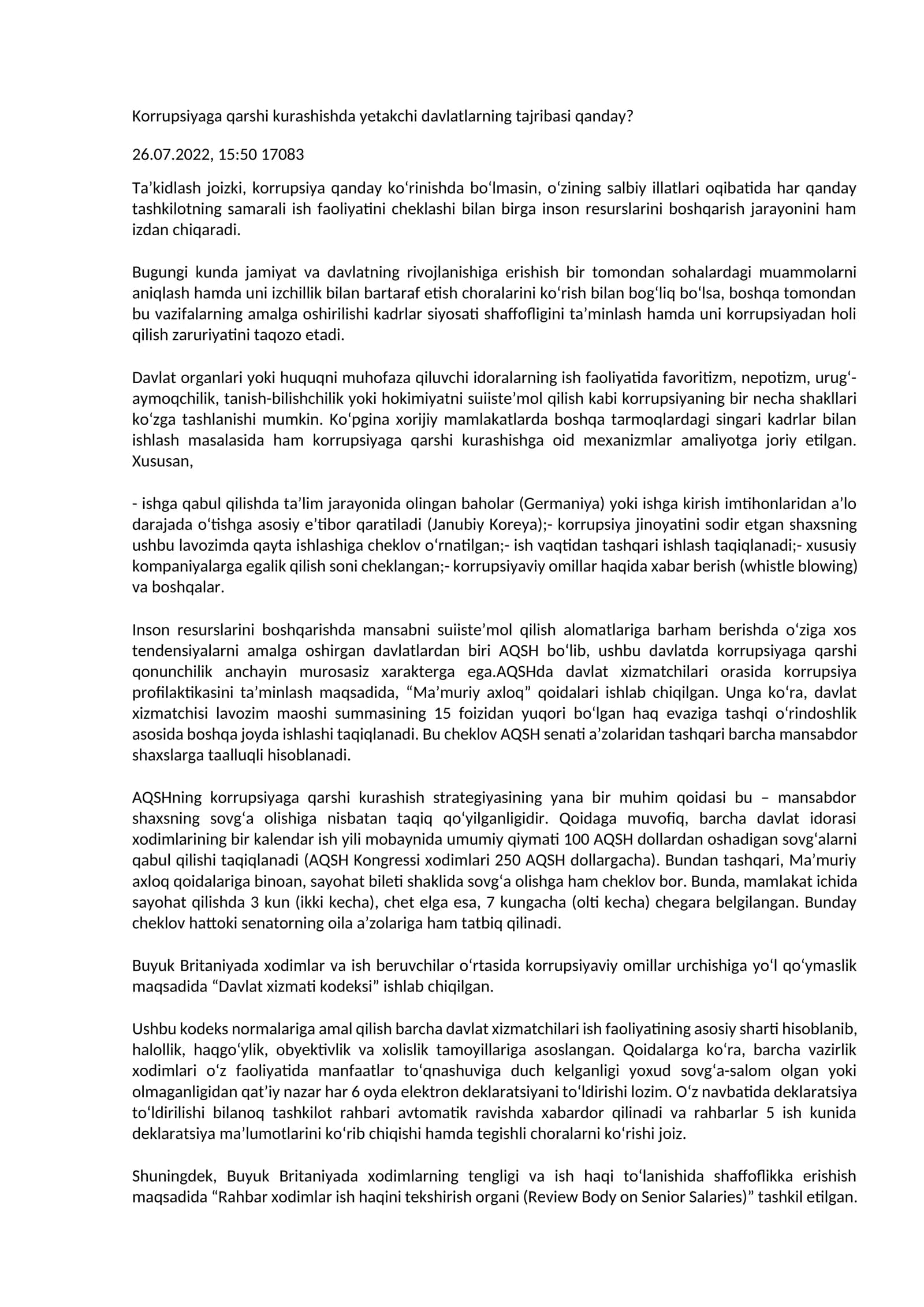 Korrupsiyaga qarshi kurashishda yetakchi davlatlarning tajribasi qanday?